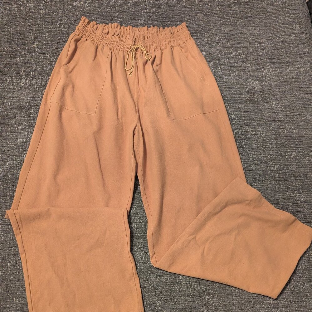 Tan Linen Wide Leg Pant